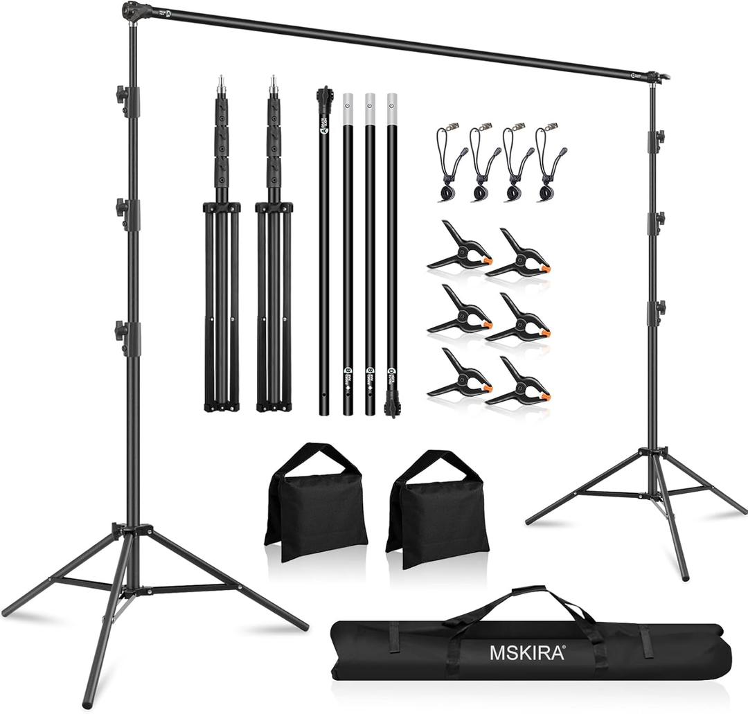 10.2x10Ft Heavy Duty Backdrop Stand, MSKIRA Adjustable Backdrop Support System Kit, Photoshoot Background Stand for Parties, Advertising Display with 6 Clamps, 4 Clips, 2 Sandbags, Carry Bag