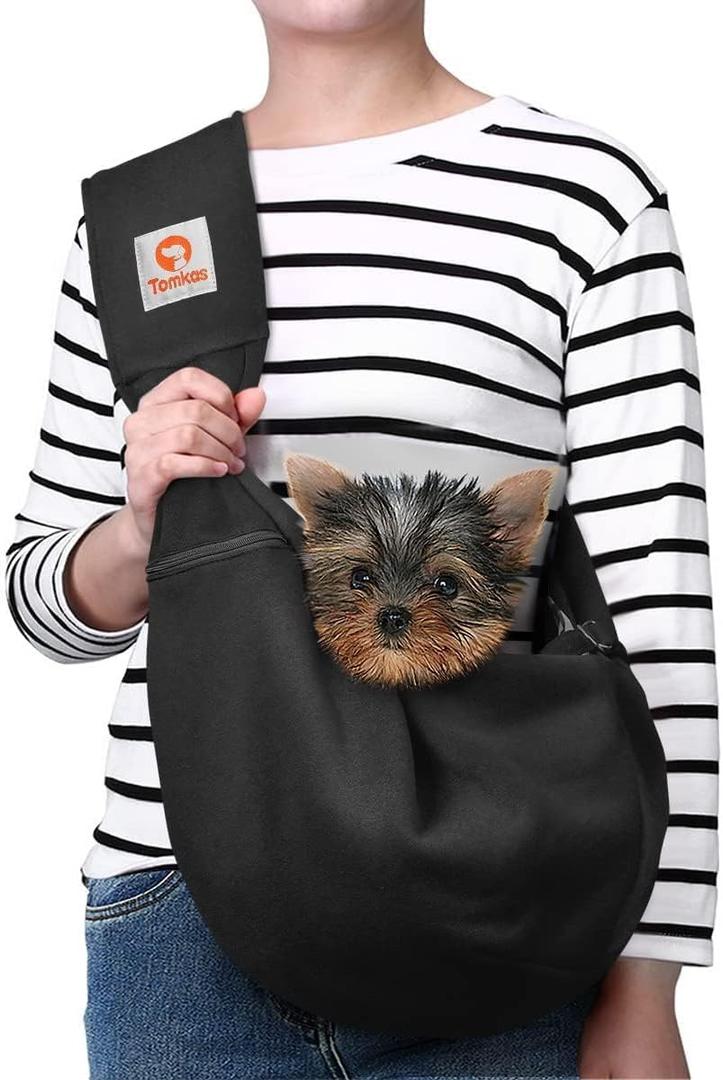 Tomkas Dog Cat Sling Carrier Puppy Purse Travel Wrap Soft Crossbody Pet Bag (Black, M - Zip Pocket & Adjust Strap)