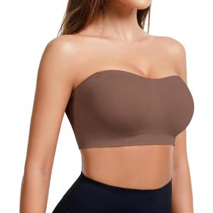 Strapless Bra for Women Wireless Padded Bandeau Bra Seamless Non-Slip Silicone Tube Top Push Up Bralette (Brown, M)