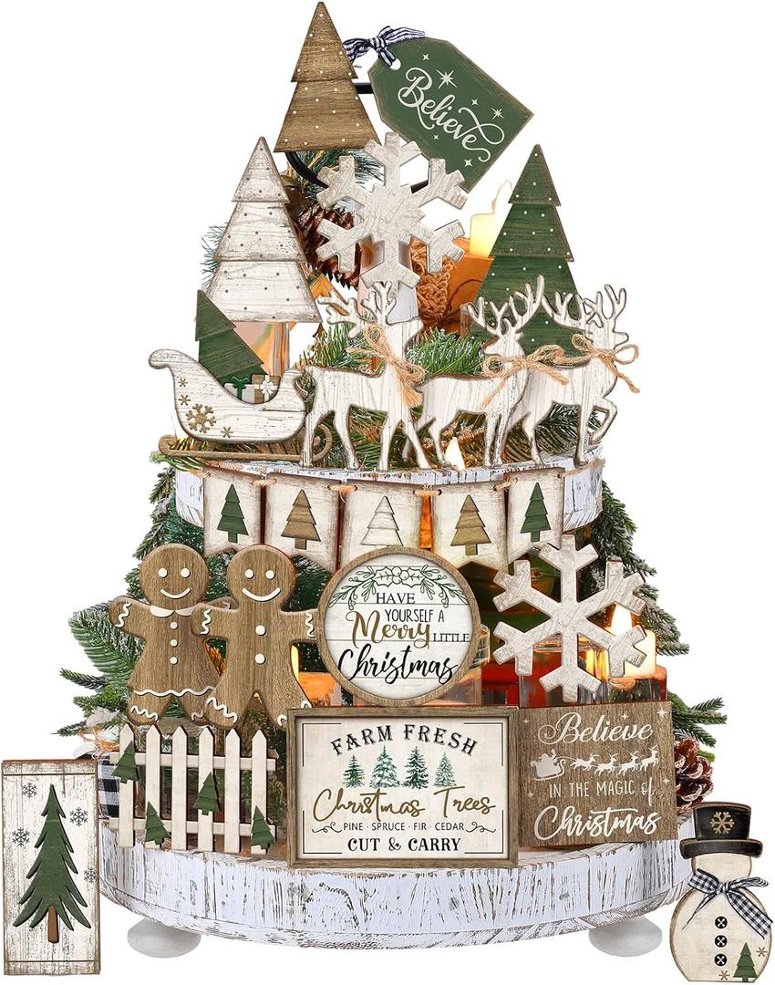 Shellwei 22 Pcs Christmas Tiered Tray Decor Set Wood Rustic Gingerbread Christmas Decoration Winter Farmhouse Decor Xmas Trees Gnome Elk Snowflake Signs for Table Shelf Home Centerpiece (Fresh)