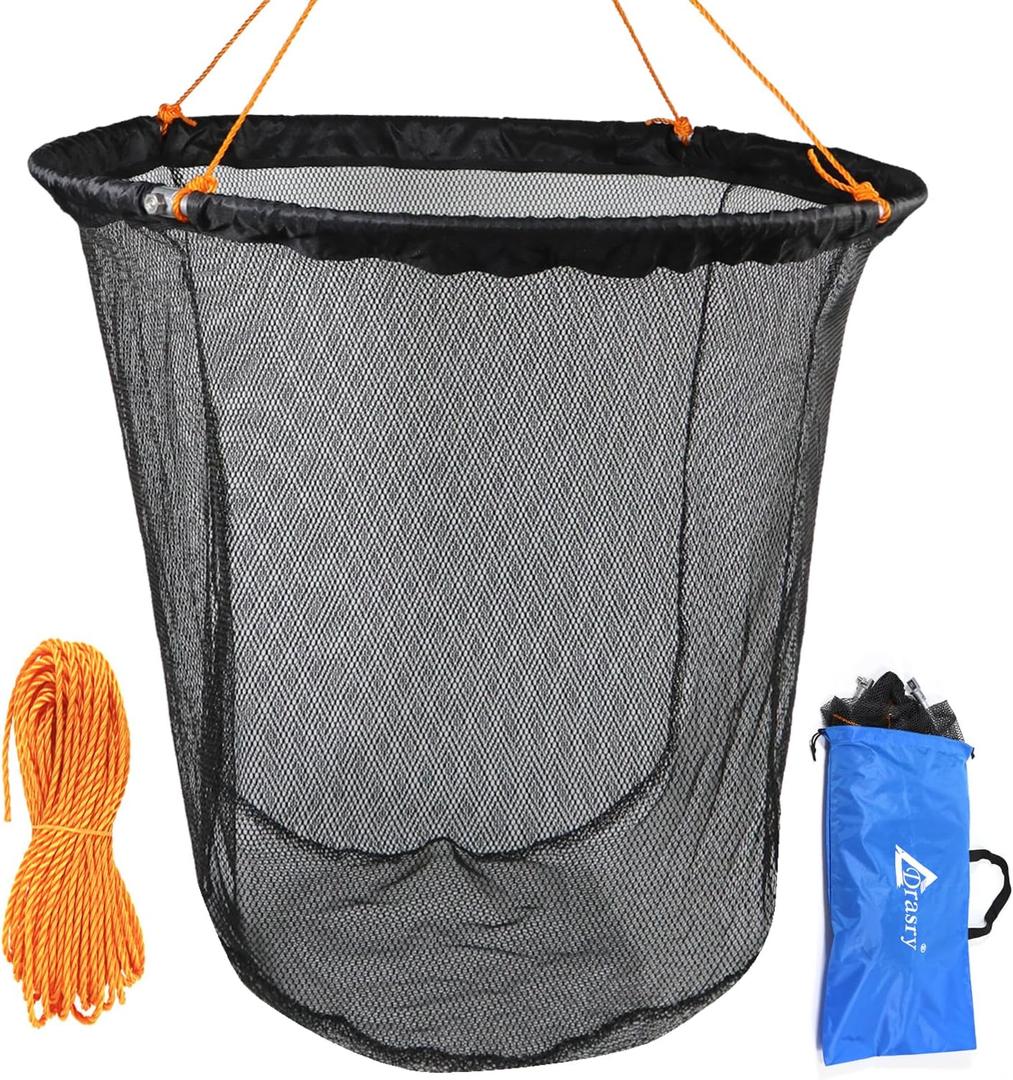 Drasry Foldable Bridge and Pier Fishing Landing Net - High Load-Bearing Aluminum Ring Drop Net for Saltwater Freshwater - Collapsible Basket With 49.2 FT Rope (23.6*23.6*27.5 IN, black)
