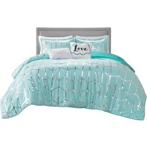 Intelligent Design Raina King / Cal King Comforter Set, Soft Microfiber Comforter Set King, Modern Geometric Metallic Bed Set, 5 Pieces College Bedding Comforter Set with 2 Shams, 2 Toss Pillows Aqua (Aqua/Silver)