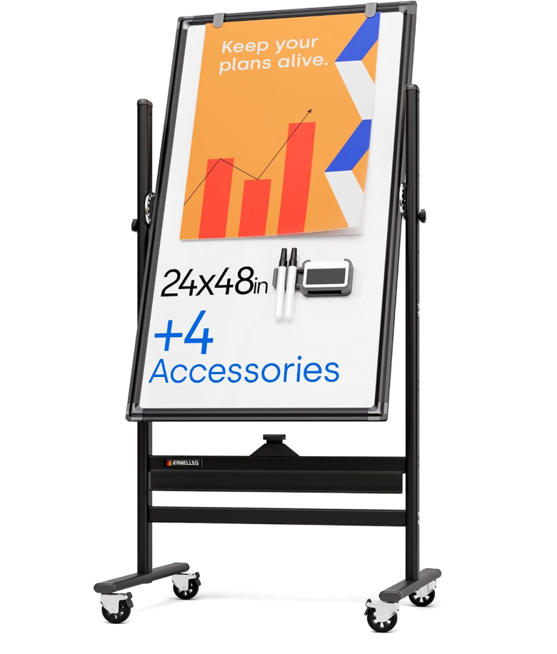 Kamelleo Rolling Whiteboard on Wheels 24" x 48", Double Sided White Board