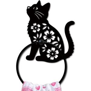 MAYJOYDIY Cat Metal Towel Ring, Cute Kitten Hollow Floral Patterns Black Hand Towel Holder, Animal Pet Hanging Ring Wall Mounted Bathroom Accessories for Bathroom Kitchen Home Decoration Gift