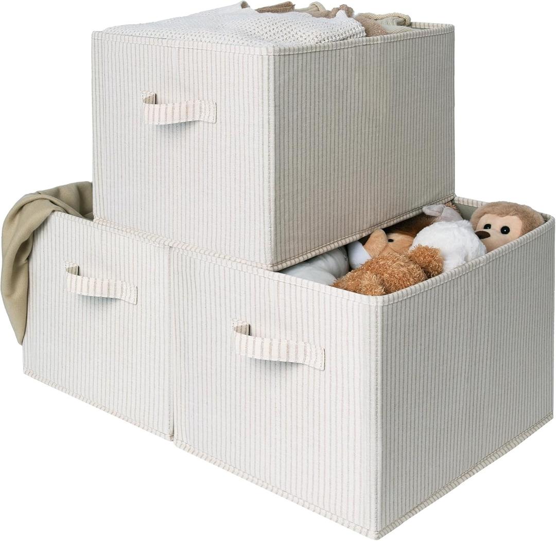 StorageWorks Foldable Shelf Organizer Bins, Closet Storage Baskets for Clothes, Storage Bins for Organization, Beige Stripes, 3-Pack, Extra Large