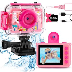 Pool Toy & Kids Underwater Camera - 99FT Waterproof Kid Action Camera 1080P Video&20MP Photo with Flip Lens, Includes 32GB Card for Diving Swimming Beach Snorkeling,Birthday Gift for Girls - GKTZ