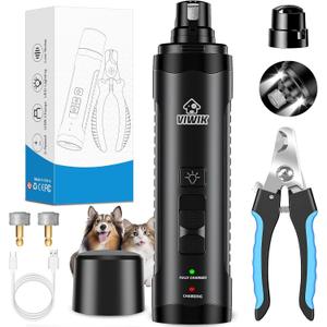 VIWIK Dog Nail Grinder, Dog Nail Trimmers for Large Medium Small Dogs & Cats, Super Quiet Electric Pet Nail Clippers Kit with Light, 2-Speed USB Rechargeable Pet Paws Grooming Tool Black