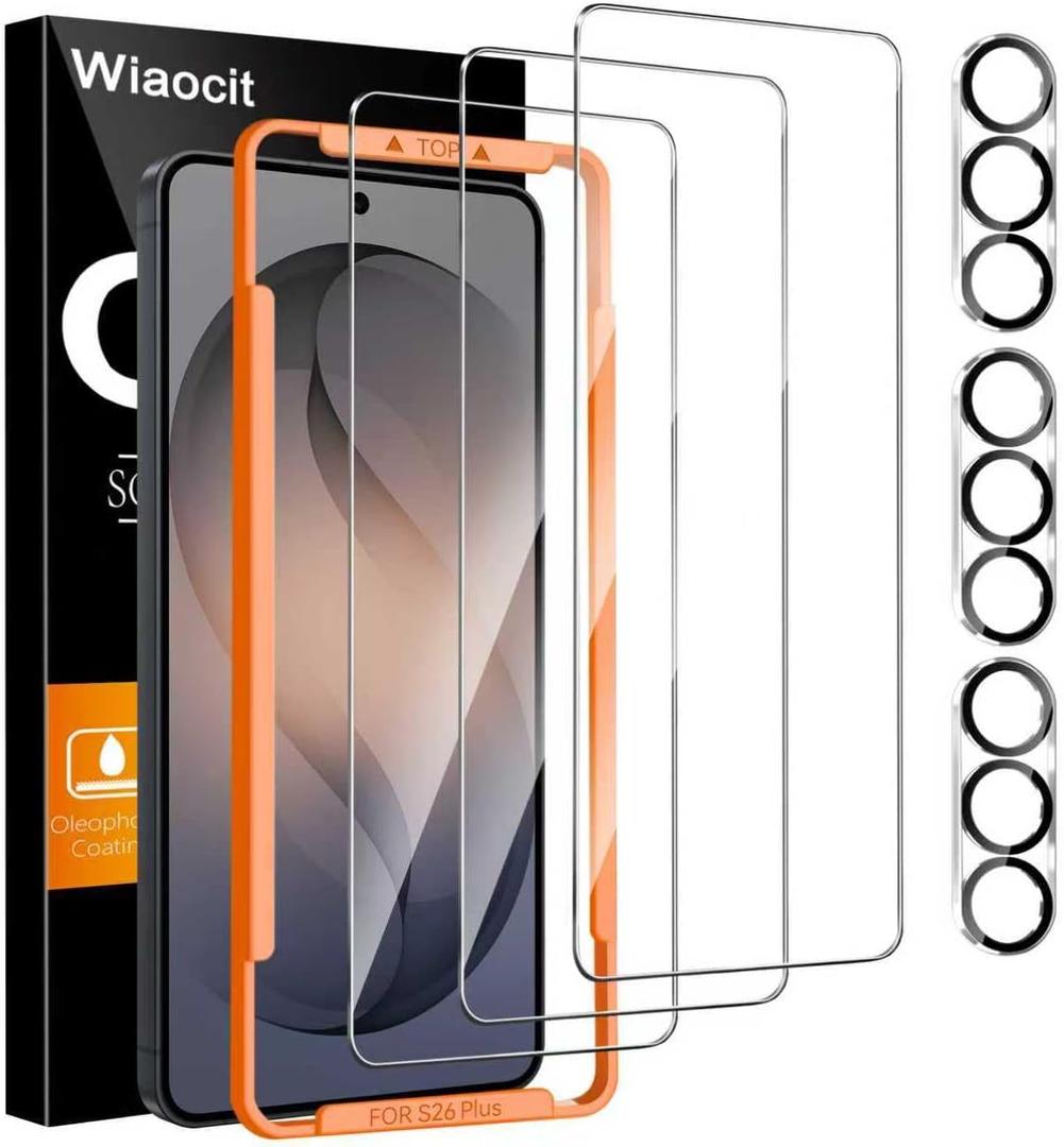 3 x Wiaocit 3 Pack Tempered Glass Screen Protector for Samsung Galaxy S26 Plus with 3 Pack Camera Lens Protector, 9H Hardness, Bubble Free, Case Friendly