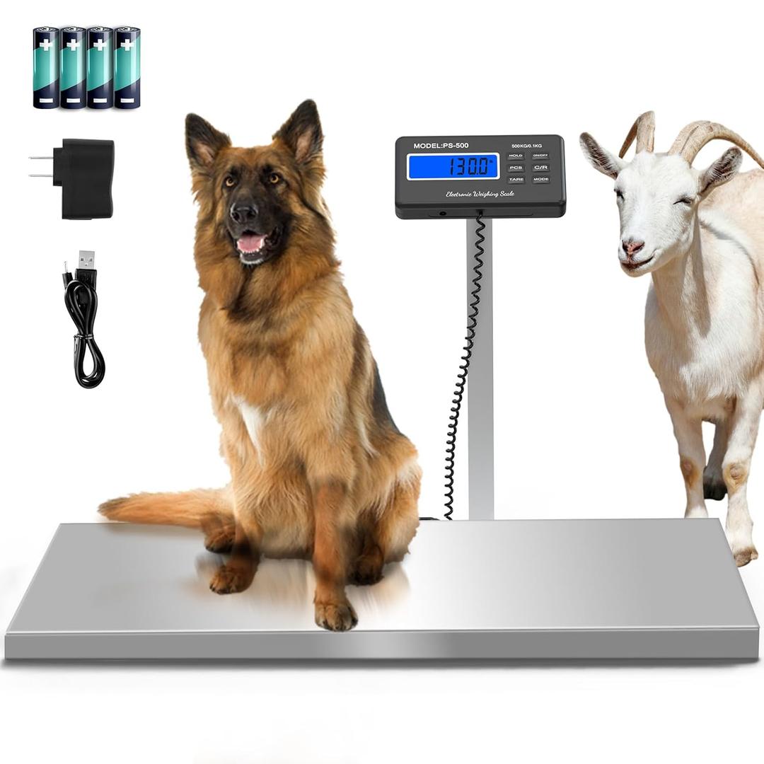 Livestock Animal Scale 1100lb x 0.2lb Pet Weight Scale for Large Dogs Pigs Goats Sheep Digital Postal Shipping Scale with 40.5"x20.9" Large Stainless Platform Display Stand Rod (Smooth Surface)
