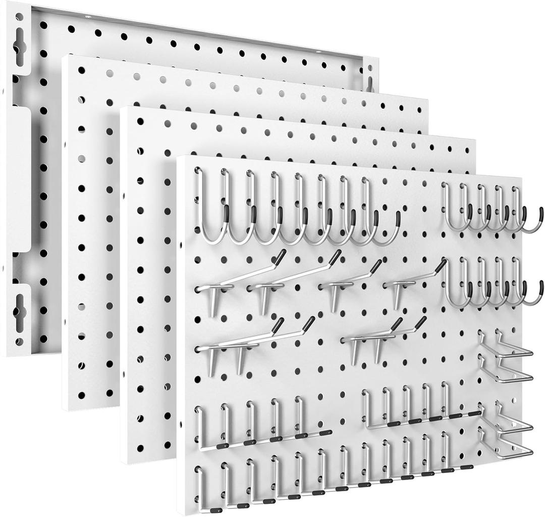 Spampur Peg Board, 4 Pack Metal Pegboard Panels with 50 Hooks, White Pegboards Wall Organizer, Heavy Duty Peg Board for Walls Home, Garage Tool Storage, Office Organization, Craft Room, Kitchen
