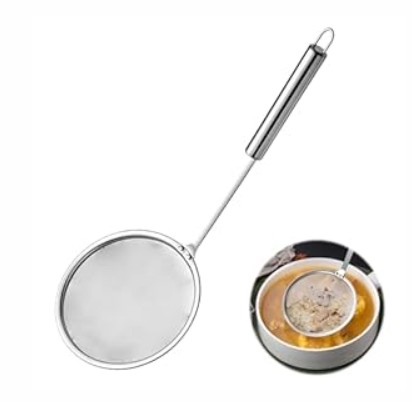 Stainless Steel Fat Skimmer Spoon 4”Multi-Functional Fine Mesh Hot Pot Grease Strainer with 9.4” Heat-Resistant Handle For Frying, Soup, Quinoa, Miso 