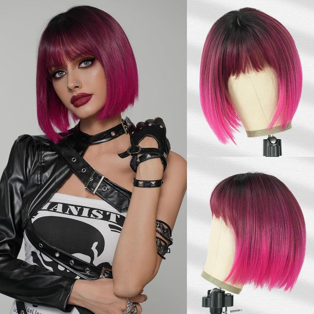 7JHH WIGS Short Straight Wig with Bangs 12in Short Hot Pink Bob Wig Synthetic Natural Hair Heat Resistant 150% Density Staight Layered Wig for Women Daily Used,Hot Pink Wig