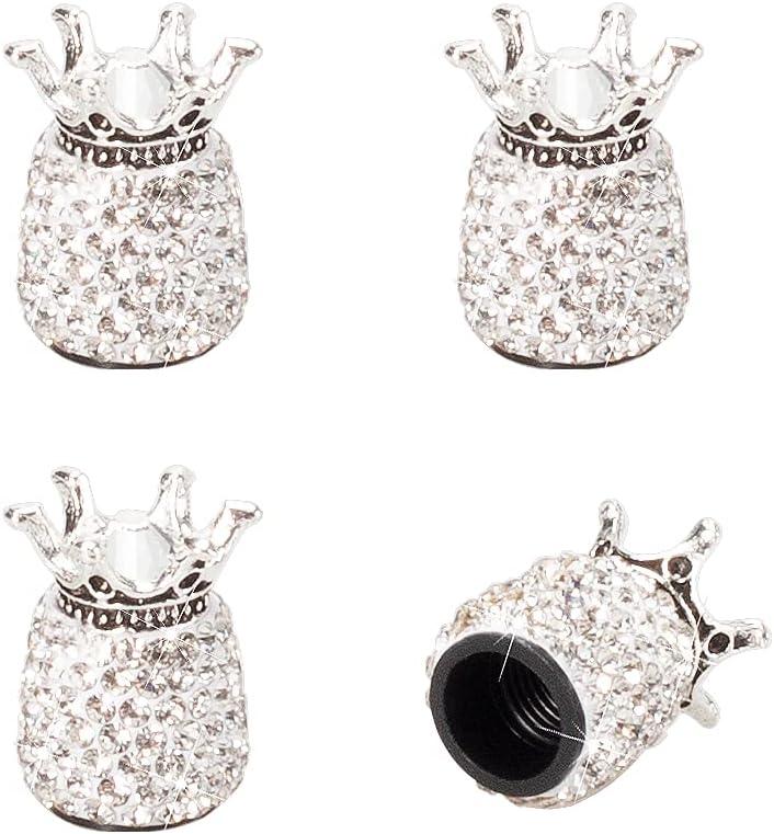 ROSON Valve Stem Caps, 4 Pack Handmade Crown Bling Crystal Rhinestone Car Wheel Tire Valve, Attractive Dustproof Car Accessories, Universal Stem Air Caps Covers for Most Vehicles (White)