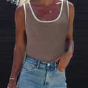 Dokotoo Womens Tank Tops 2025 Summer Casual Sleeveless Scoop Neck Ribbed Knit Color Block Slim Fitted Cami Tee Shirts (Medium, Brown)