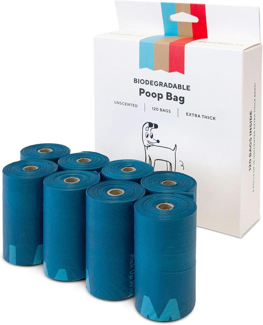 Wildebeest Biodegradable Dog Poop Bags Rolls, Extra Thick Unscented & Leakproof Dog Waste Bags, 100% Compostable Poop Bags Fit Any Poop Bag Holder  8 Heavy Duty Eco-Friendly Poop Bag Rolls (120 Bags)