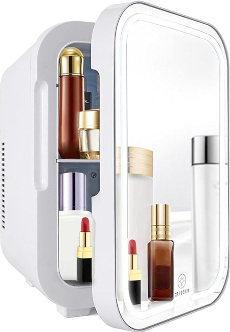 Mini Fridge with Mirror Door & Adjustable LED Lights - 8L Cosmetic Skincare Fridge for Bedroom,Dorm,Mini Car Refrigerator Portable Quiet Cooling,Gift for Women