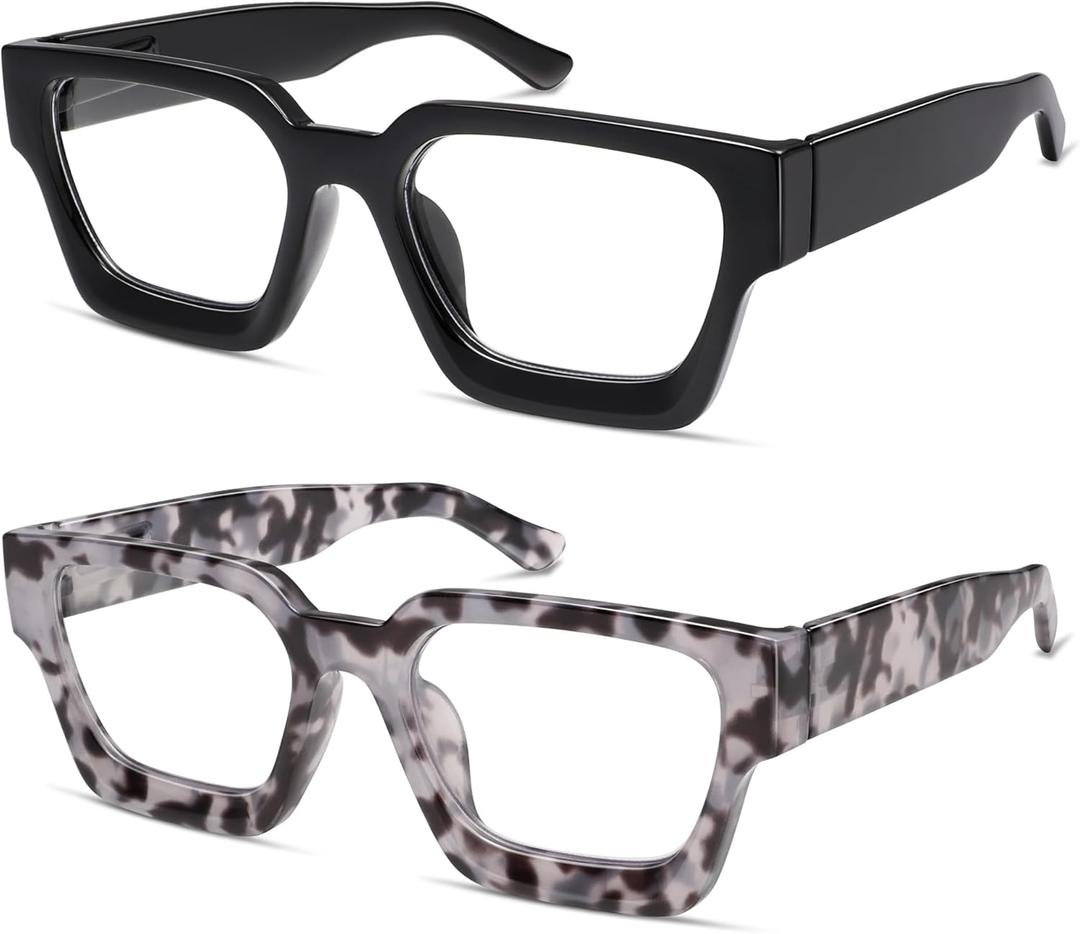 AMOMOMA Trendy Retro Reading Glasses for Women Men,90S Stylish Square Blue Light Computer Frame AM6169 (P2 Black+grey Tortoise)