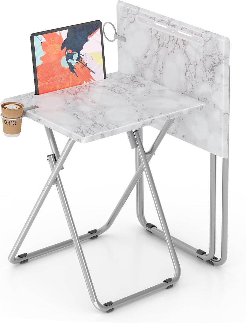 TV Tray Table,Folding Table with Cup Holder Portable,Foldable Snack Tray for Eating,Small Folding Tables Set of 2,Dinner Tables for Couch, Living Room,Small Space (White Marble, 2 Pcs)