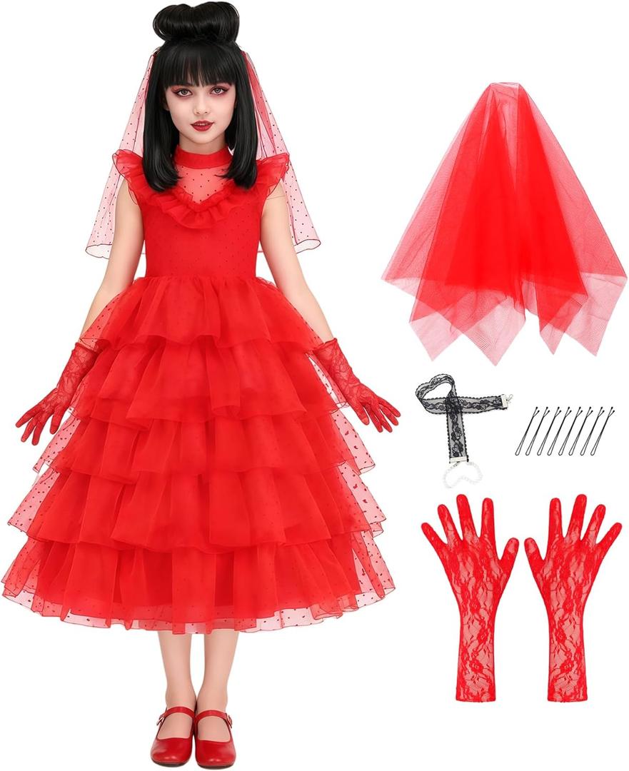 IBQ Kids Red Wedding Dress Girls Halloween Costuems Toddler Horror Comedy Character Bride Cosplay Outfit with Veil Gloves (Red, M)