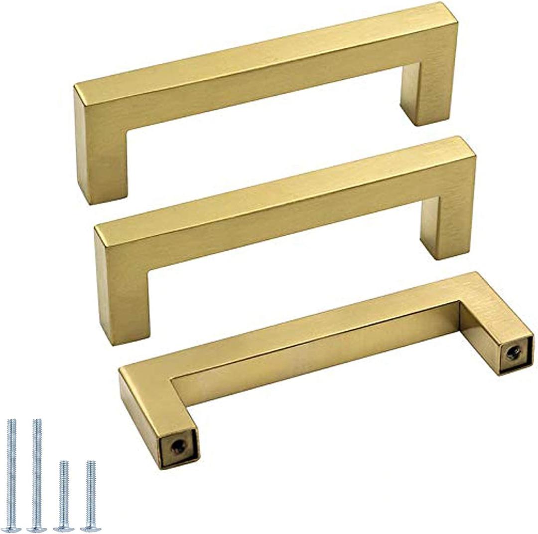 goldenwarm 5 Pack Gold Cabinet Pulls and Knobs Brass Drawer Handles - LSJ12GD96 Kitchen Cabinet Hardware 3-3/4 Inch Screw Spacing Square Closet Drawer Pulls