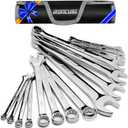 Combination Wrench Set Long SAE: 15-Piece 1/4'' to 1-1/16'' - CR-V Mirror Polished - Carry Bag For Car or Motorcycle Tools