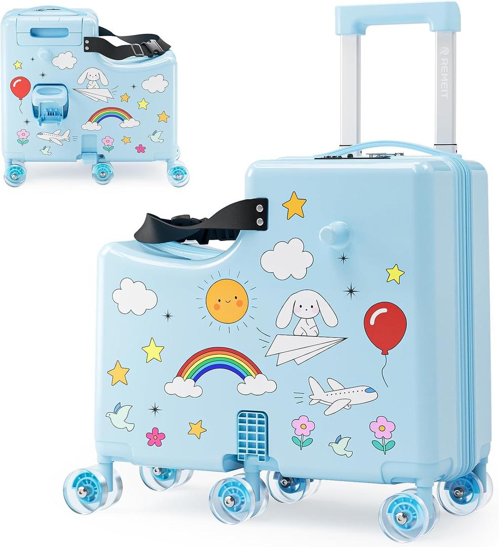 Ride on Suitcase for Kids, Hard Shell Kids Luggage with Belt, Foldable Pedal & Front Grab Handles, Hidden Cup Holder, TSA Lock, 6 Spinner Wheels, Kids Carry on Suitcase for Travel, Blue, 19 inches x 9 inches x 20 inches