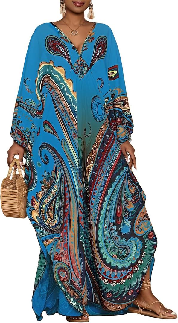 Bsubseach Kaftan Dresses for Women Ethnic Print Plus Size Beach Cover Ups Batwing Sleeve Caftans with Pockets, One Size