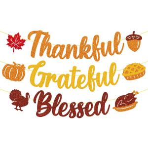 Thankful Grateful Blessed Banner Thanksgiving Harvest Party Decorations Autumn Maple Leaves Fall Theme for Men Women Friendsgiving Turkey Day Party Supplies