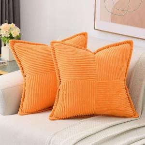 HAUSSY Orange Throw Pillow Covers 22x22 Inch Set of 2, Soft Corduroy Solid Striped,Square Decorative Cushion Case,Winter Home Decorations for Couch,Bed
