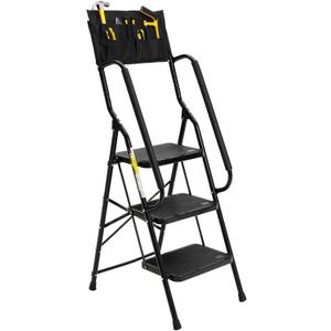 BOCOM 3 Step Ladder, Lightweight Portable Folding Sturdy Iron Step Stool with Handrails, Attachable Tool Bag, Anti-Slip Wide Pedal, Heavy Duty 350 lbs Capacity, for Home, Kitchen, Pantry, Office