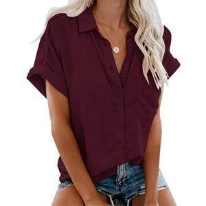 APRAW Womens Casual Button Down Short Sleeve Shirts 2025 Summer Fashion Cotton Linen Shirt Top Blouses with Pocket (Medium, Wine Red)