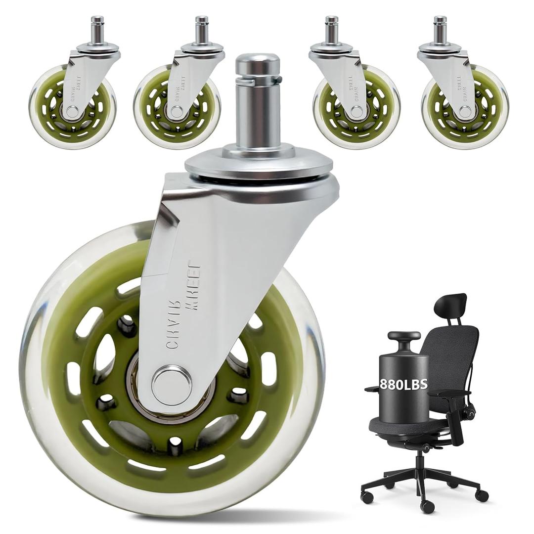 3" Office Chair Wheels Replacement, Roller Blade Wheels - Set of 5, 880LBS Heavy Duty, Noiseless & Rolling Casters (Hardwood/Carpet/Tile), Universal Fit Most Desk & Gaming Chairs, Transparent (Silver green)