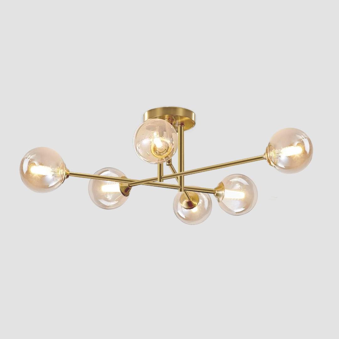 Mid Century Modern Gold Sputnik Flush Mount Ceiling Light Antique Brass Ceiling Lights 6 Light Amber Glass Chandelier Small Living Room Globe Ceiling Light