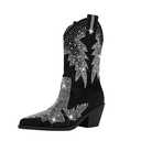 Women's Sparkly Rhinestone Bling Cowgirl Suede Western Boots Shiny Pointed Toe Chunky Heel Glitter Ankle Booties, Size 41
