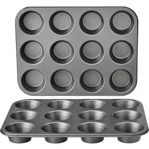 Amazon Basics Nonstick Round Muffin Baking Pan, 12 Cups, Set of 2, Gray, 13.9x10.55x1.22"