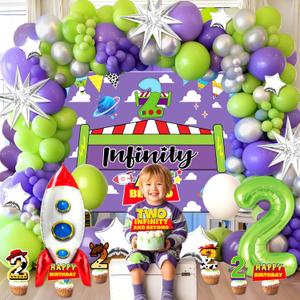 132pcs Two Infinity and Beyond Birthday Decorations, Toy Inspired Story 2nd Birthday Party Supplies, Green Purple Silver Balloons Backdrop Cake Topper for 2 Infinity and Beyond Bday Decor