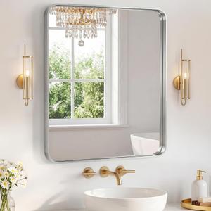 Sweetcrispy Bathroom Mirror 36x24 Inch, Vanity Mirror for Wall | Metal Framed Rounded Rectangle, Over Sink, Farmhouse, Restroom, Anti-Rust, Horizontal or Vertical Hanging, Silver