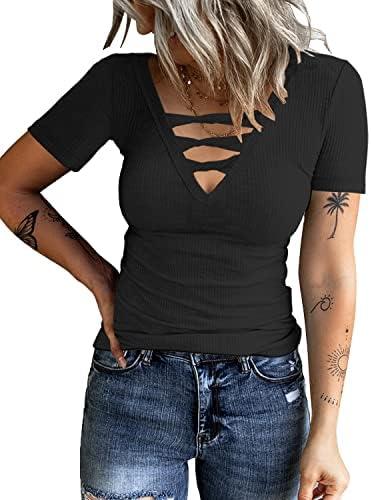 HERILIOS Women Casual Short Sleeve Tunic Tops V-Neck T Shirts Criss Cross Ribbed Slim Fitted Blouse, Size XL HERILIOS Women Casual Short Sleeve Tunic Tops V-Neck T Shirts Criss Cross Ribbed Slim Fitted Blouse, Size XL