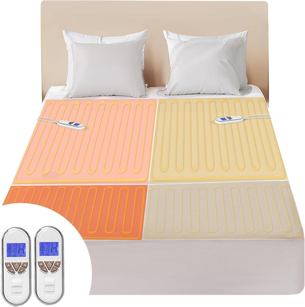 Bwarm Premium Multi-Zone Electric Heated Mattress Pad King Size, 78" x 80", Dual Controllers, 9 Heat Settings, 1-12 Hours Auto Off, Individual Body and Feet Settings, Machine Washable (White)
