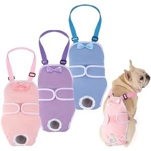 Avont 3 Pack Frenchie Dog Diapers Female, Washable Reusable Girl Doggie Pants for Period Heat Cycle, Full Body Cover Onesie with Adjustable Straps -Pink/ Purple/ Blue S