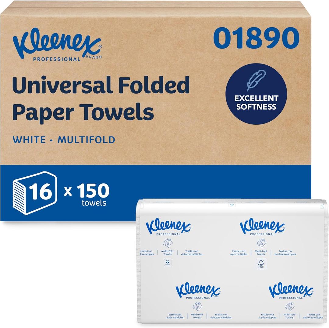 Kleenex Professional Universal Multifold Paper Towels, Bulk (01890), Absorbency Pockets, 9.2" x 9.4" Towel, White (150 Sheets/Pack, 16 Packs/Case, 2,400 Sheet Total), 150 Count