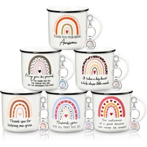 Hushee 12 Pcs Teacher's Day Appreciation Gift Set 6 Thank You Teacher Coffee Mug with 6 Thank You Appreciation Keychains Teachers Day Gifts for Women Men from Student Gift