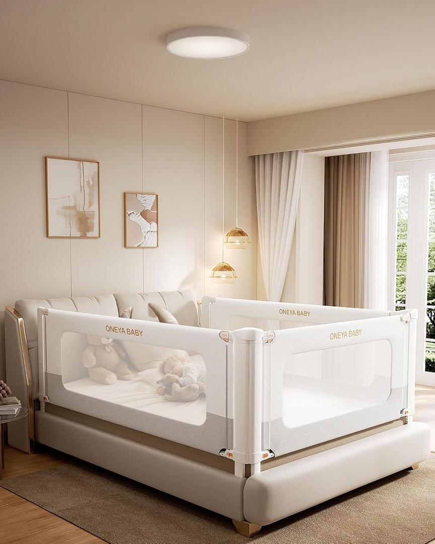 Bed Rail for Toddlers, 54” Thickened Baby Bed Rail Guard, 1 Side for Full | Toddler Bedrails with Height Adjustable, Reinforced Aluminum Frame, Double Childproof Lock, Single-side Lift, White/Grey, 1 Side 54"Lx28"H