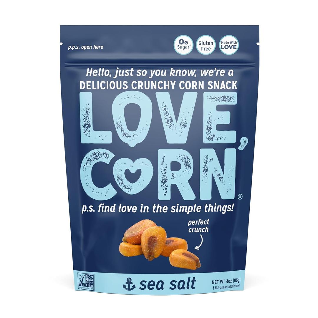 LOVE CORN Sea Salt | Delicious Crunchy Corn Natural Snack | 4 Ounce x 1 Bag | Non-GMO, Low-Sugar, Gluten-Free, Plant Based, Vegan, Low Sugar