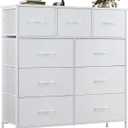 OLIXIS Dresser for Bedroom, 9 Storage Drawers, Wide Fabric Closet Chests Organizer Tower Furniture, TV Stand with Wooden Top Metal Frame for Clothes, Living Room, Hallway, Entryway, Classic White
