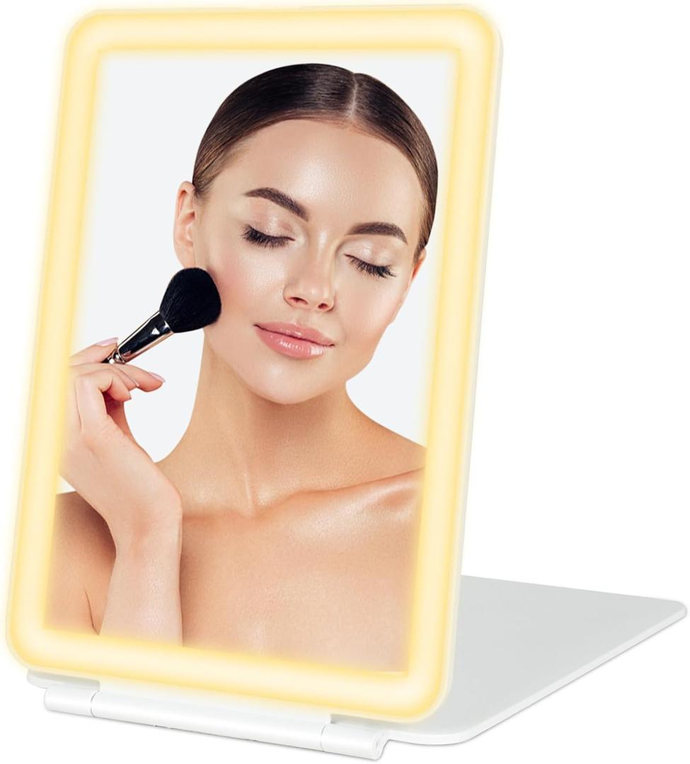 Travel Mirror with Lights Makeup Mirror Touch Screen 3 Colors Light 72 LEDs Rechargeable, 1000mHA 7.9x5.3-Inch Desk Compact Mirror White