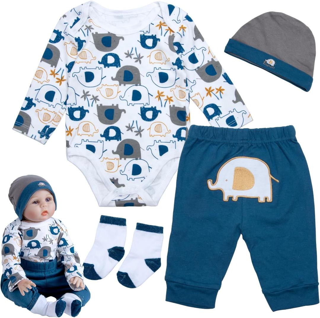 4 Pieces Reborn Baby Doll Clothes Set for 17-22 Inch Baby Boy Dolls Blue Elephant Newborn Dolls Clothes Accessories