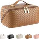 Large Capacity Travel Cosmetic Bag - Portable Makeup Bags for Women Waterproof PU Leather Checkered Makeup Organizer Bag with Dividers and Handle,Toiletry Bag for Cosmetics (Medium, brown woven)