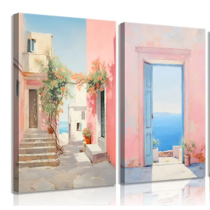 2Pcs Trendy Pink Beach Canvas Wall Art Pastel Preppy Coastal Ocean Painting Picture Wall Decor Retro Sea Beachy Scene Posters Print Artwork for Teen Girl Dorm Girls Room Aesthetic Decor 16x24in