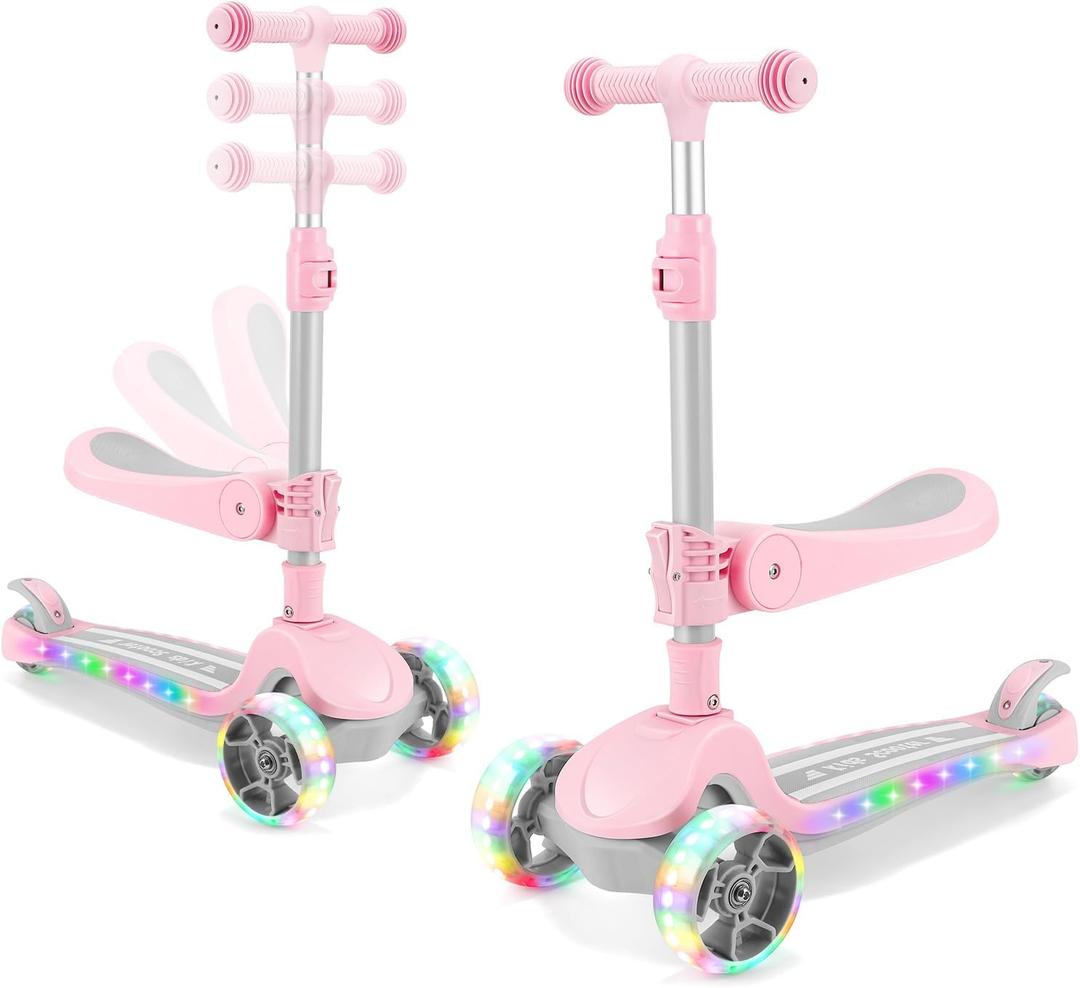 Kids Scooter with Seat, 2 in 1 Kick Toddler Scooter with LED Light-Up Wheels and Light up Deck, 4 Adjustable Heights, Lean to Steer, 3 Wheels Scooter Suitable for Boys & Girls Ages 2-8 Years